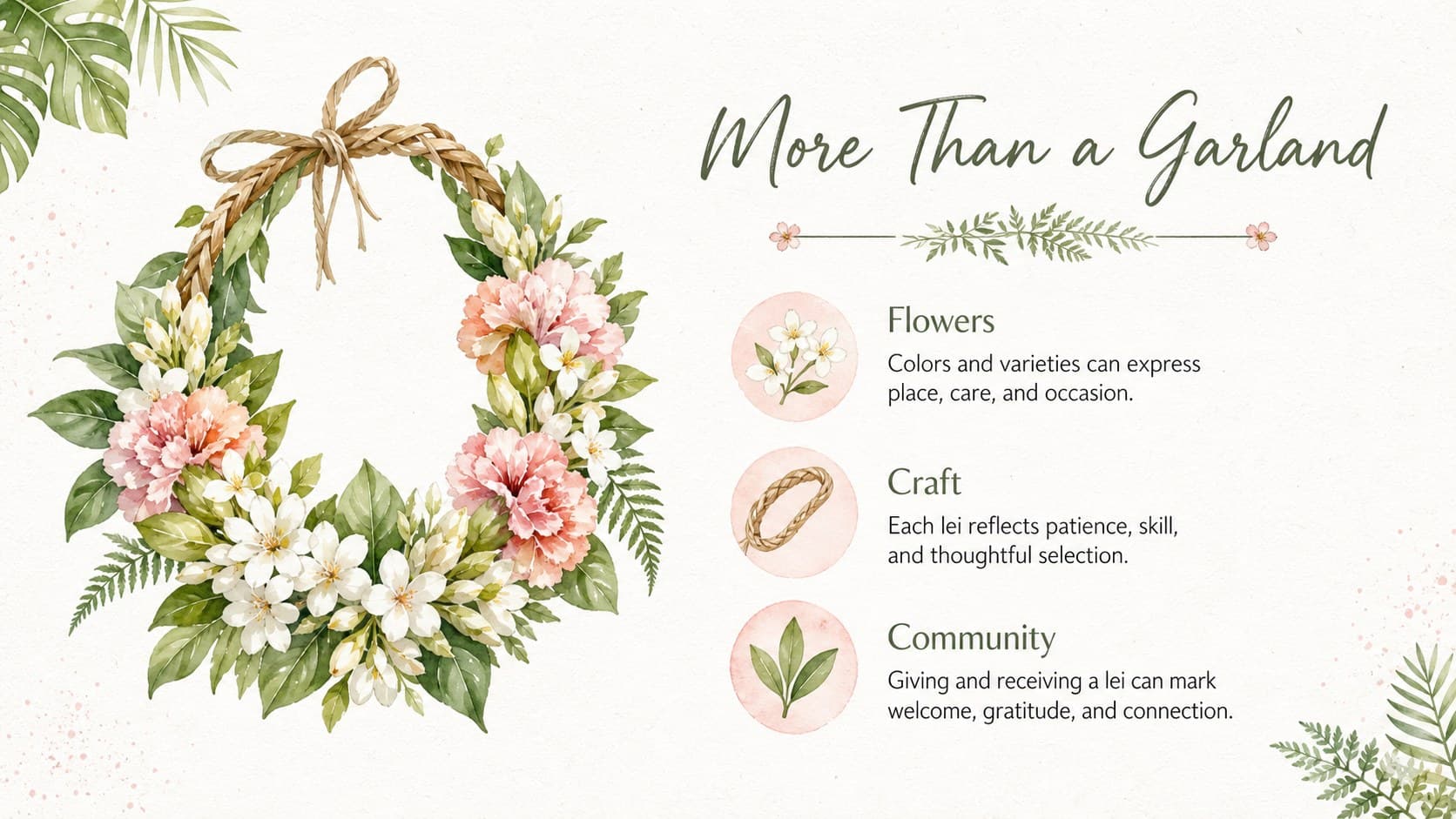 Hawaiian culture classroom slide explaining how flowers, craftsmanship, and community give leis their meaning.