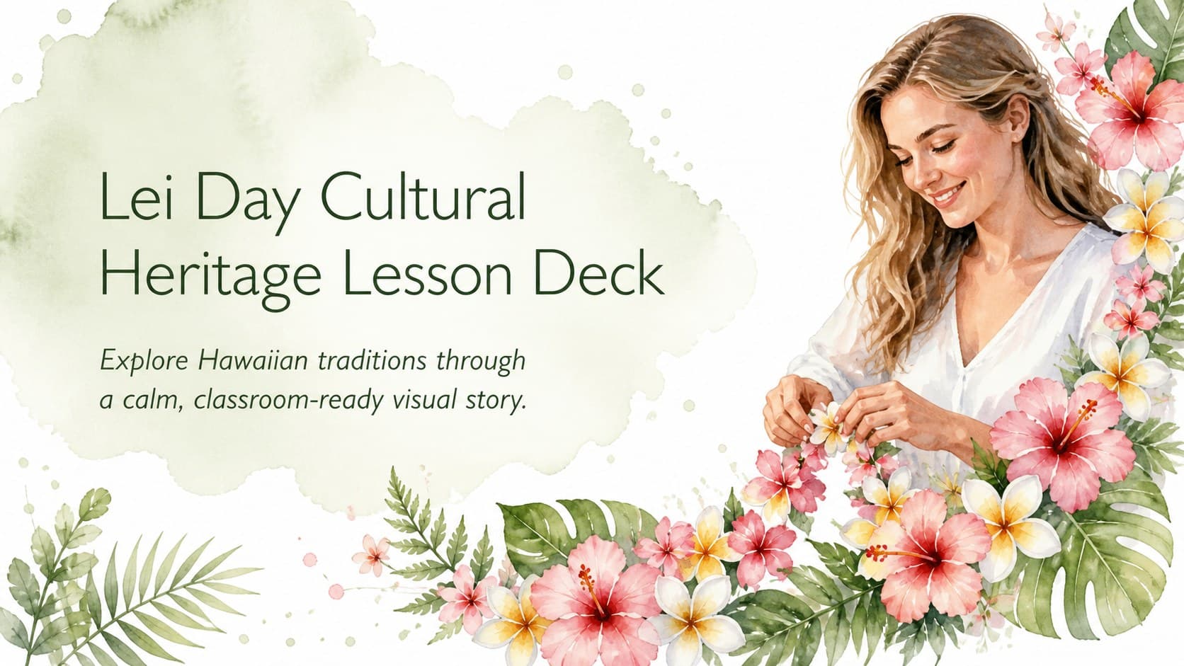 Watercolor cover for a Lei Day cultural heritage lesson with pink flowers, green leaves, and an elegant white background.