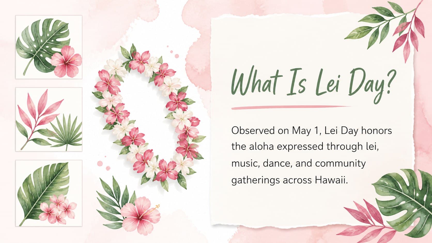 Educational Hawaiian Lei Day introduction slide featuring watercolor blossoms and a concise celebration overview.