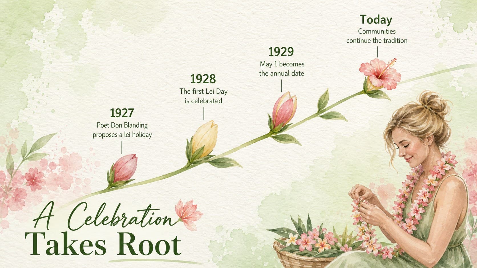 Lei Day history timeline slide with watercolor flowers marking key moments from 1927 to the present.