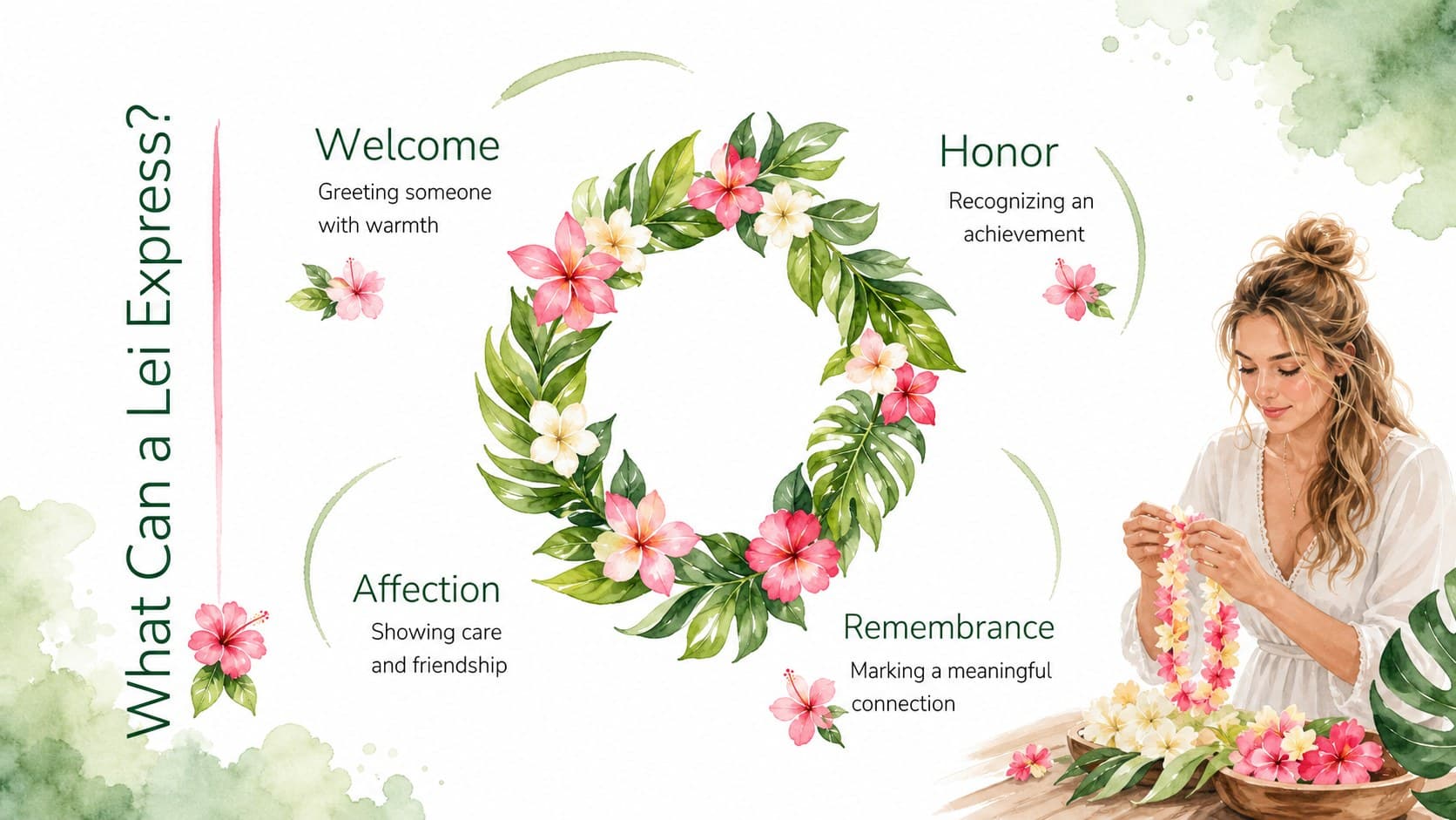 Classroom slide explaining the cultural symbolism of Hawaiian lei through four watercolor floral motifs.
