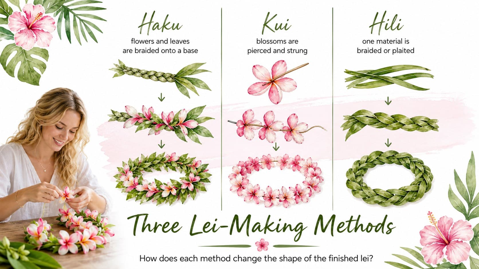 Hawaiian Lei Day lesson slide comparing haku, kui, and hili lei-making methods with watercolor diagrams.