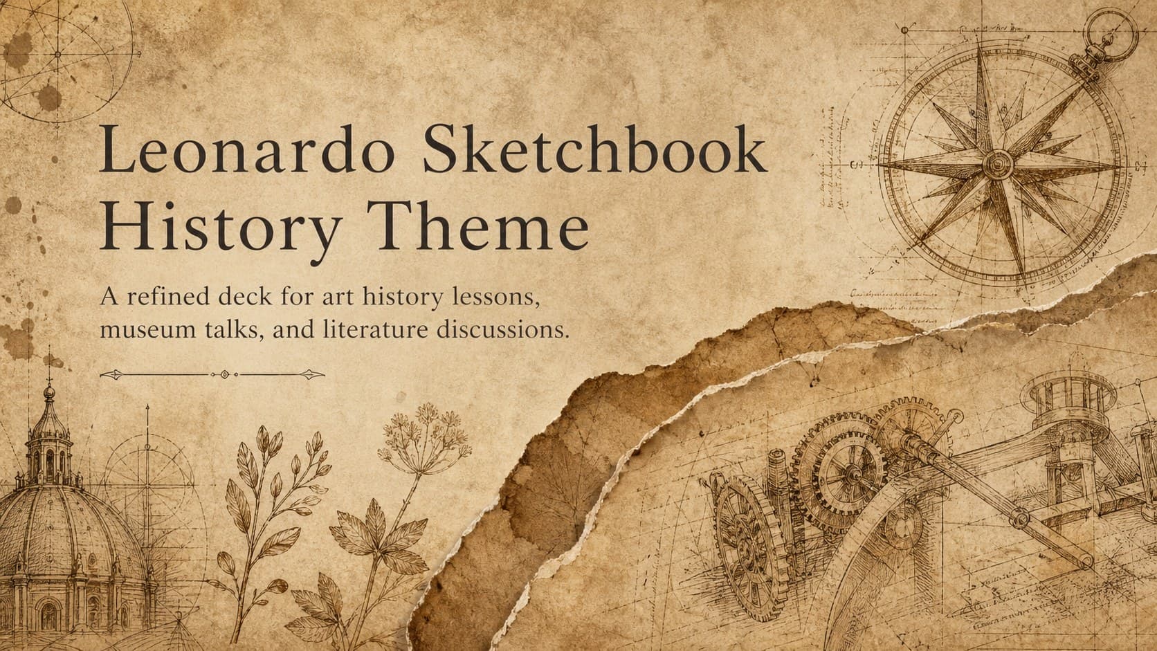 Cover of the Leonardo sketchbook history theme with sepia paper, archival drawing details, and classical typography.