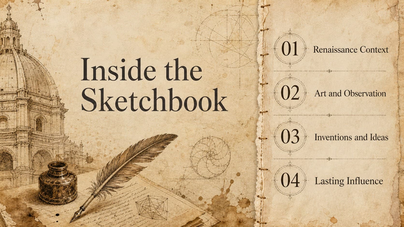 Sepia agenda slide outlining sections for a Renaissance art lesson presentation.