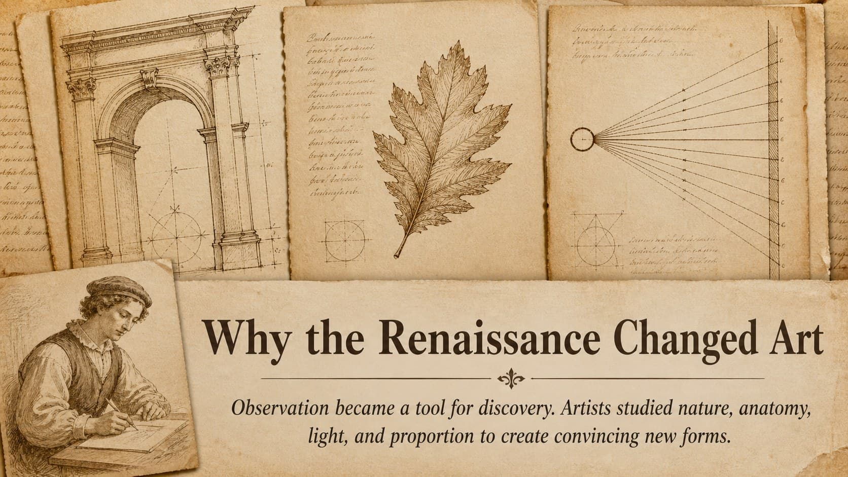 Renaissance classroom PowerPoint theme slide explaining changes in art, science, and observation.