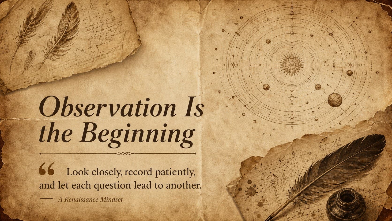 Vintage manuscript Google Slides theme featuring a quotation about observation and discovery.