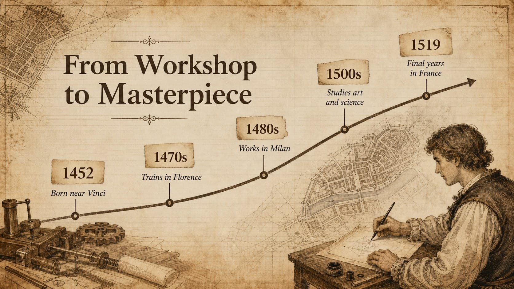 Historical art lecture slide deck timeline tracing Leonardo's life from Vinci to France.