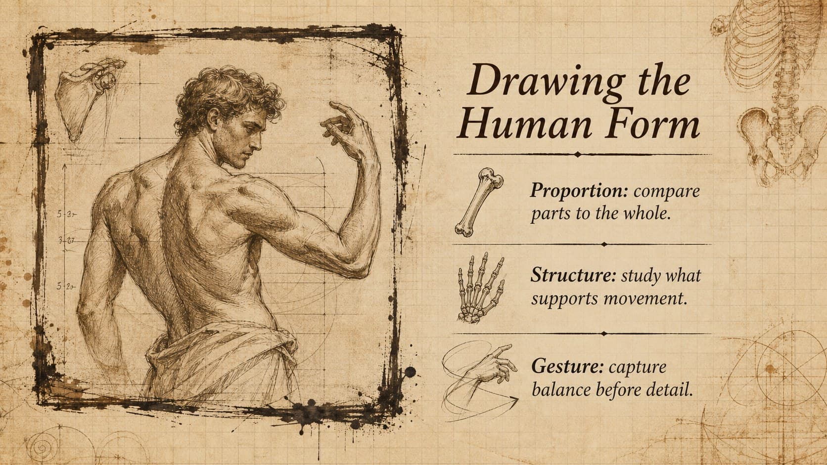 Renaissance art lesson slide showing an original anatomical figure and notes on proportion and movement.