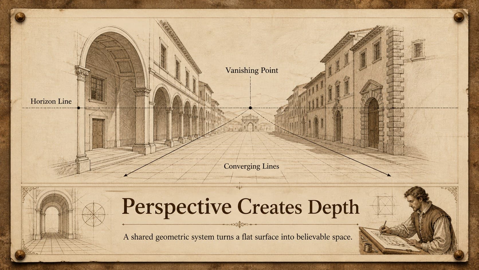 Sepia history presentation template slide explaining linear perspective with an architectural sketch.