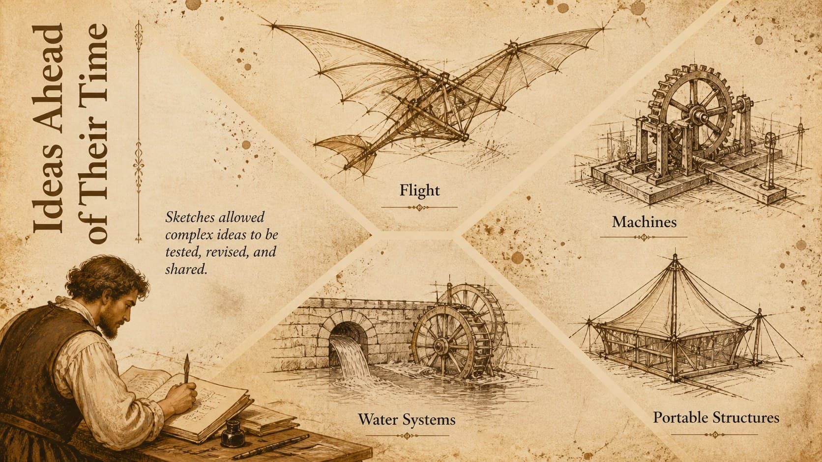 Leonardo inventions presentation slide with original sketches of flight, gears, water, and structures.