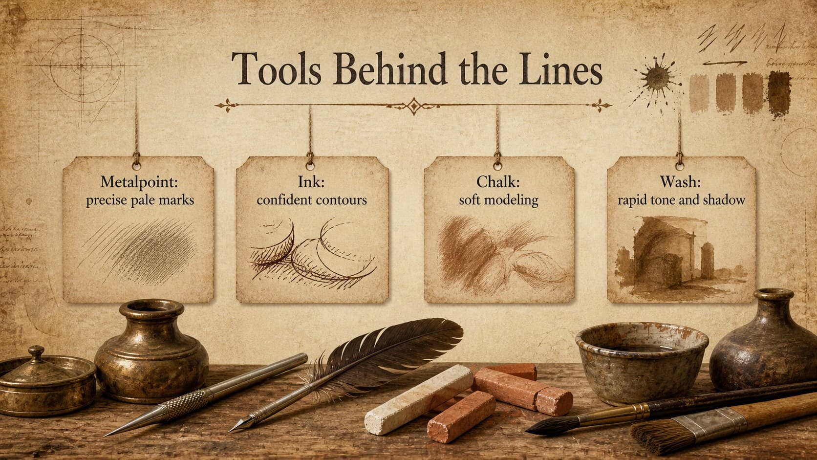 Leonardo da Vinci sketchbook presentation slide describing historical drawing tools and materials.