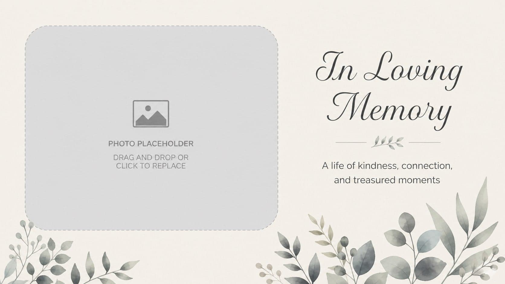 Memorial presentation opening slide with a framed portrait area and a quiet floral border.