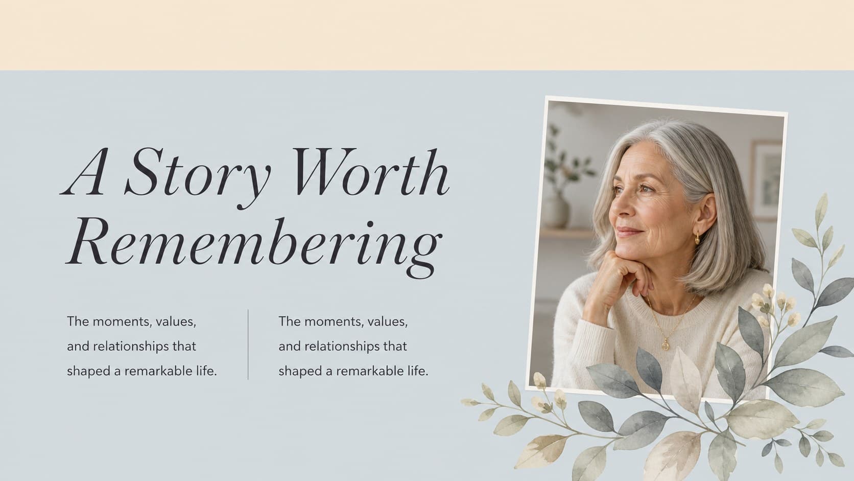 Celebration of life presentation slide introducing a personal story with botanical watercolor details.