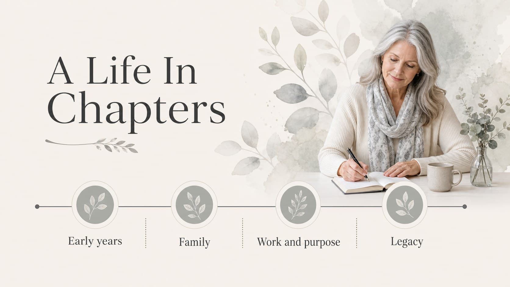 Remembrance presentation timeline showing meaningful life milestones in a minimalist floral style.