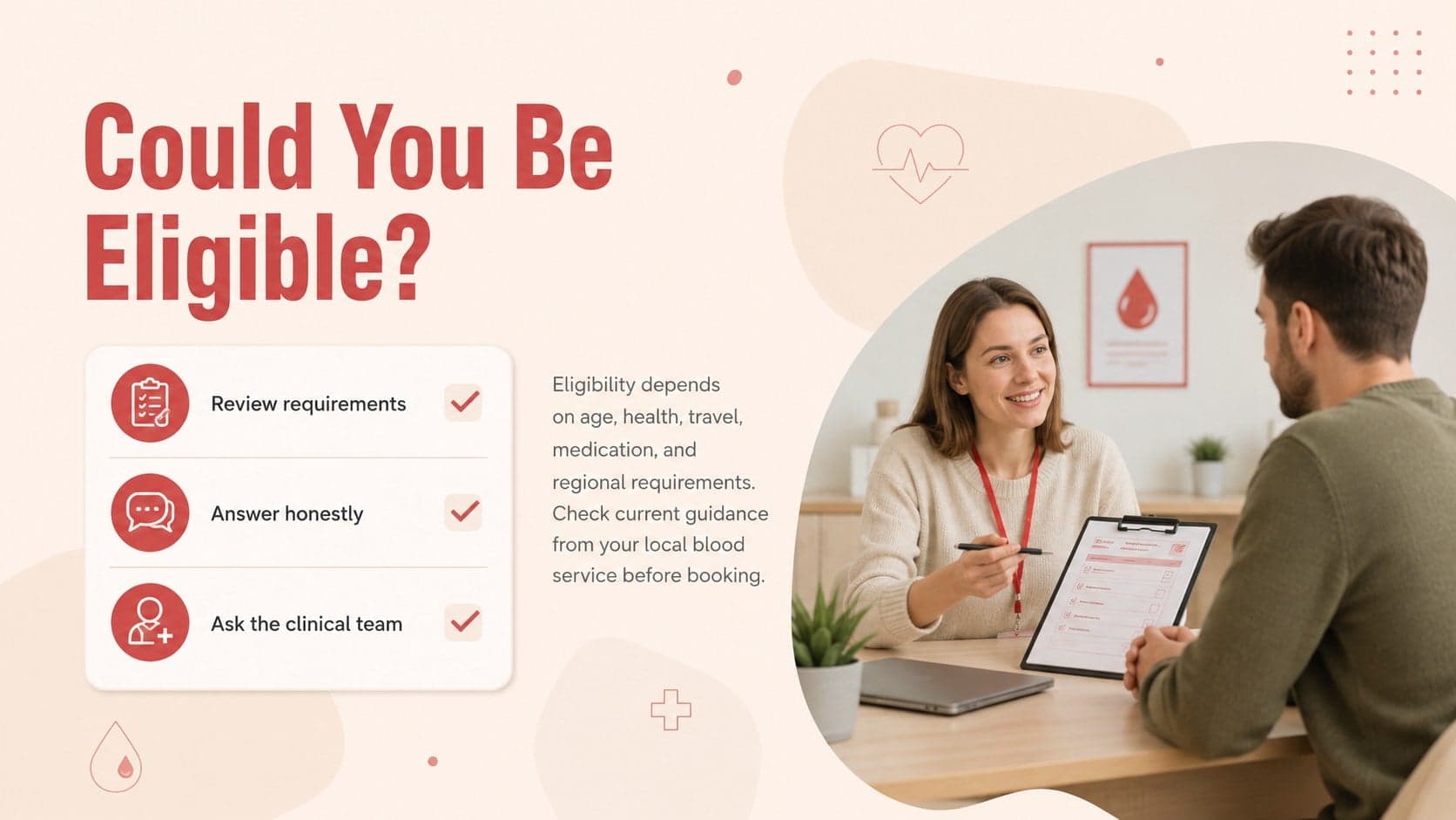 Blood donor eligibility overview with illustrated checklist items in a red and beige medical presentation layout.