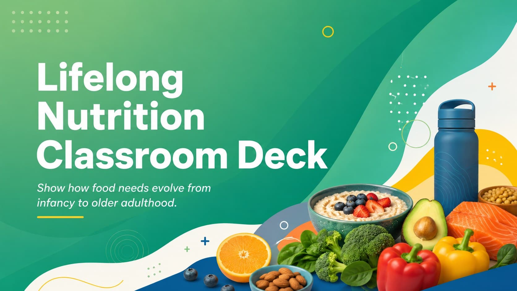 Colorful Lifelong Nutrition Classroom Deck cover introducing dietary needs from infancy through older adulthood.