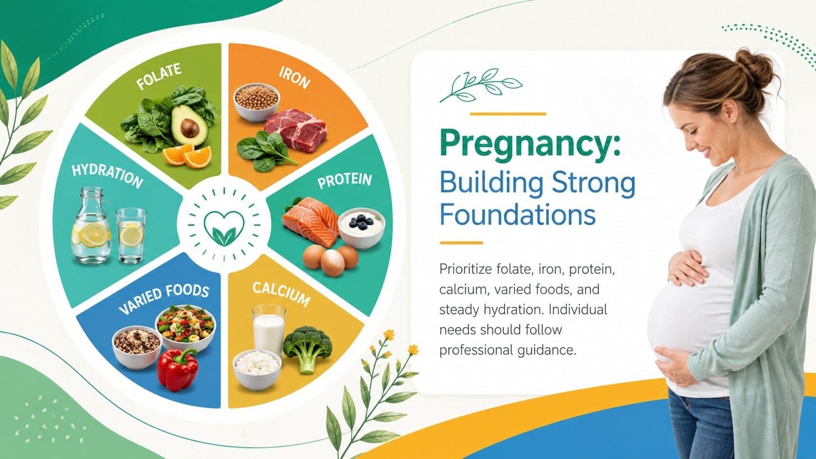 Maternal nutrition lesson slide highlighting folate, iron, protein, calcium, and hydration.