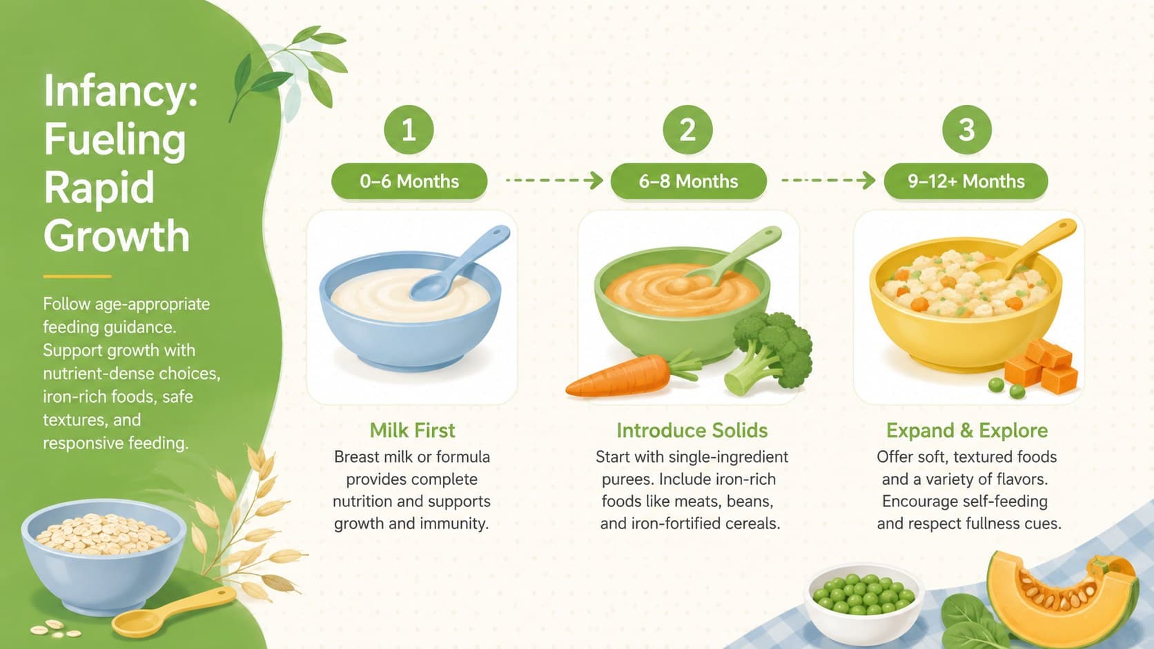 Infant nutrition slide showing feeding progression, growth, iron-rich foods, and safe textures.