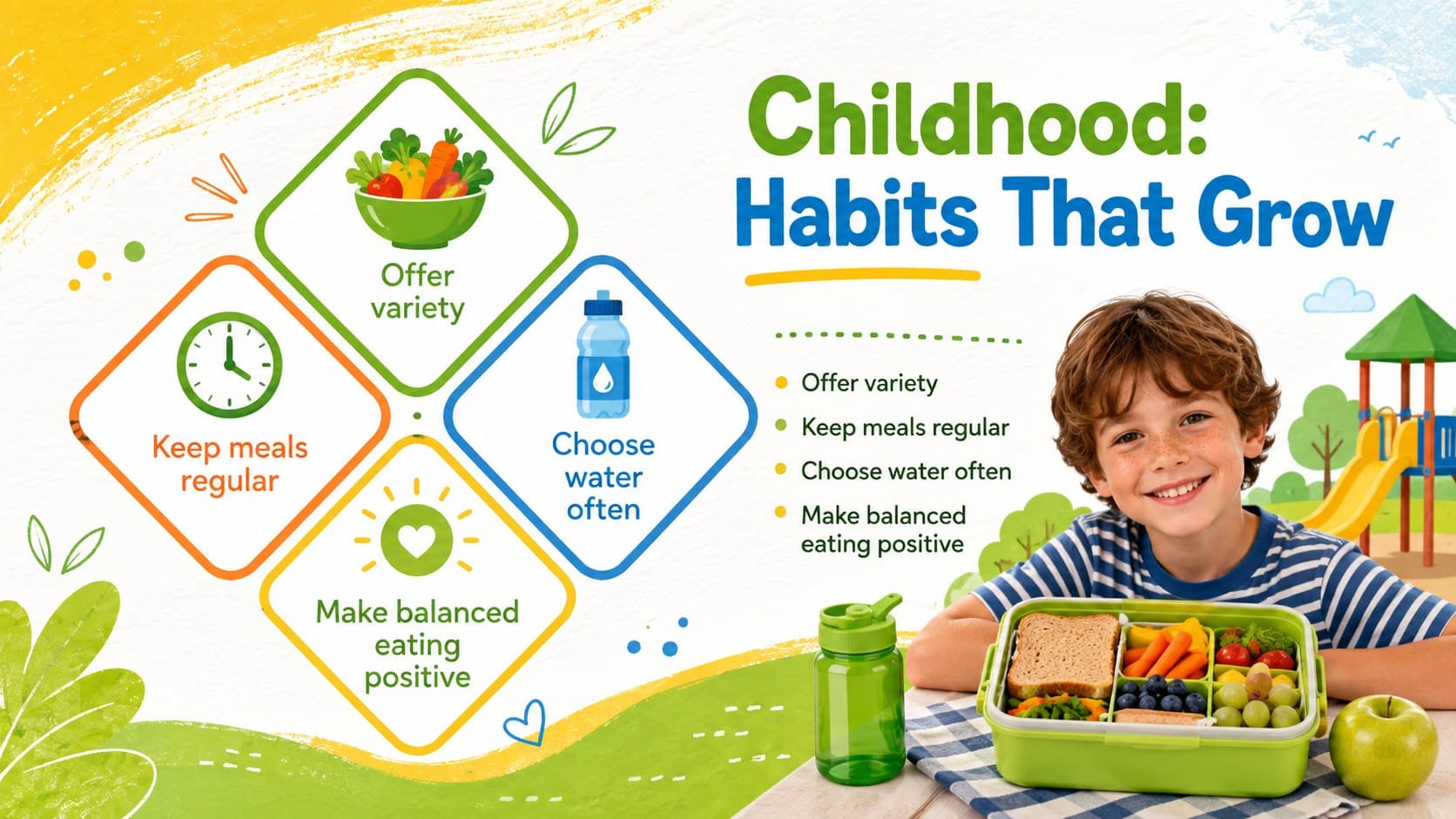Childhood healthy eating slide presenting variety, regular meals, water, and positive food habits.