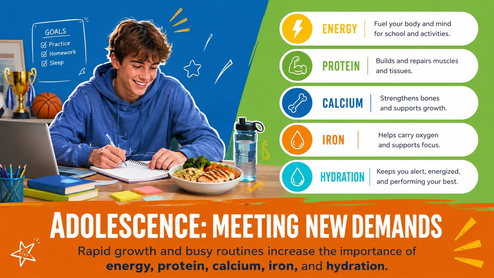Adolescent nutrition classroom presentation focused on energy, protein, calcium, iron, and hydration.