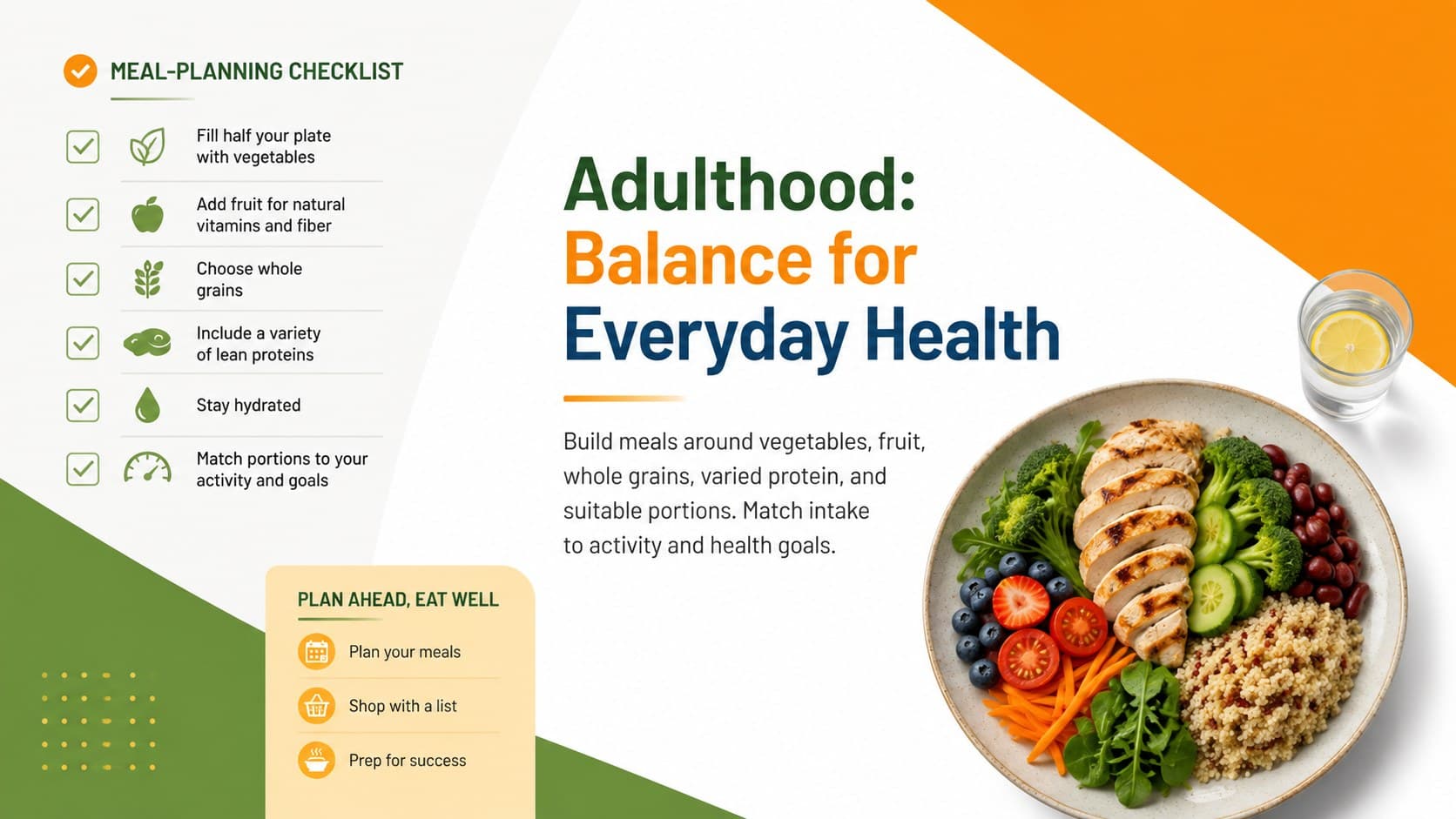 Adult nutrition slide connecting balanced meals with energy, heart health, and daily routines.
