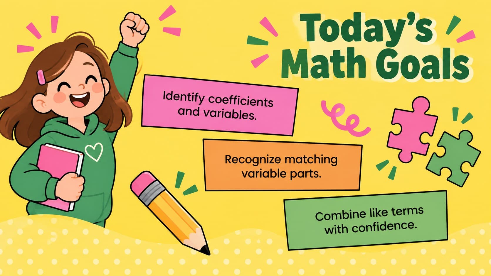 Elementary algebra practice presentation slide listing learning goals for recognizing and combining like terms.