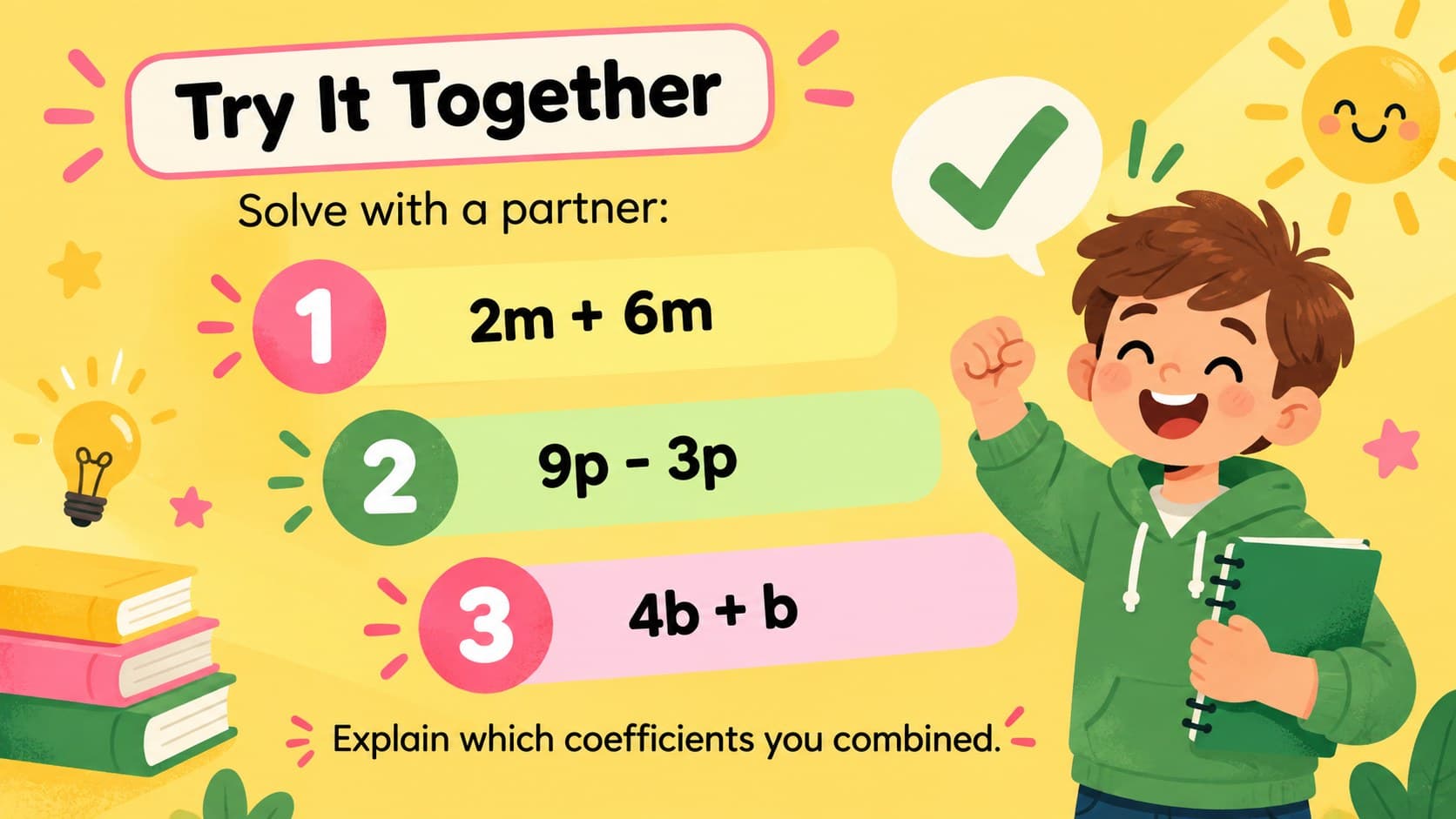 Interactive pre algebra lesson slide with three guided like terms practice problems.