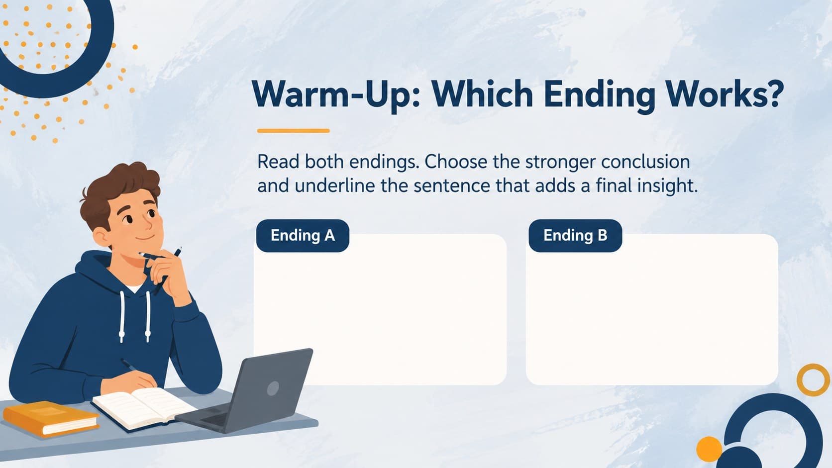 Conclusion writing warm-up slide asking students to compare two literary essay endings.