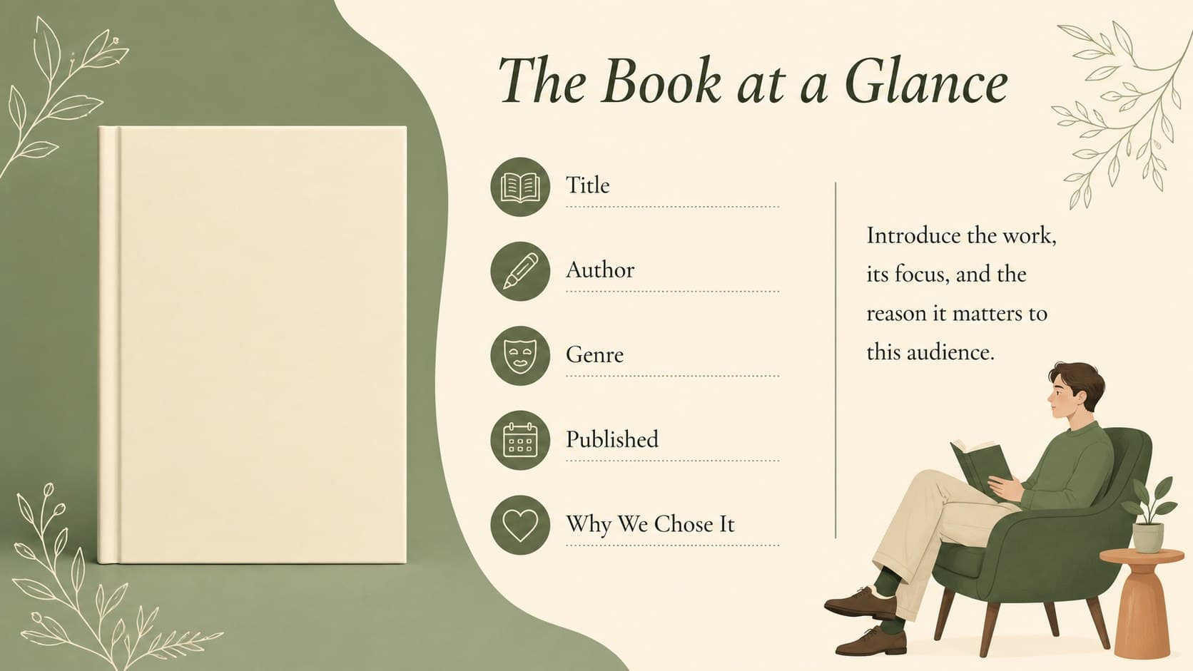 Book overview layout for a professional literary analysis presentation.