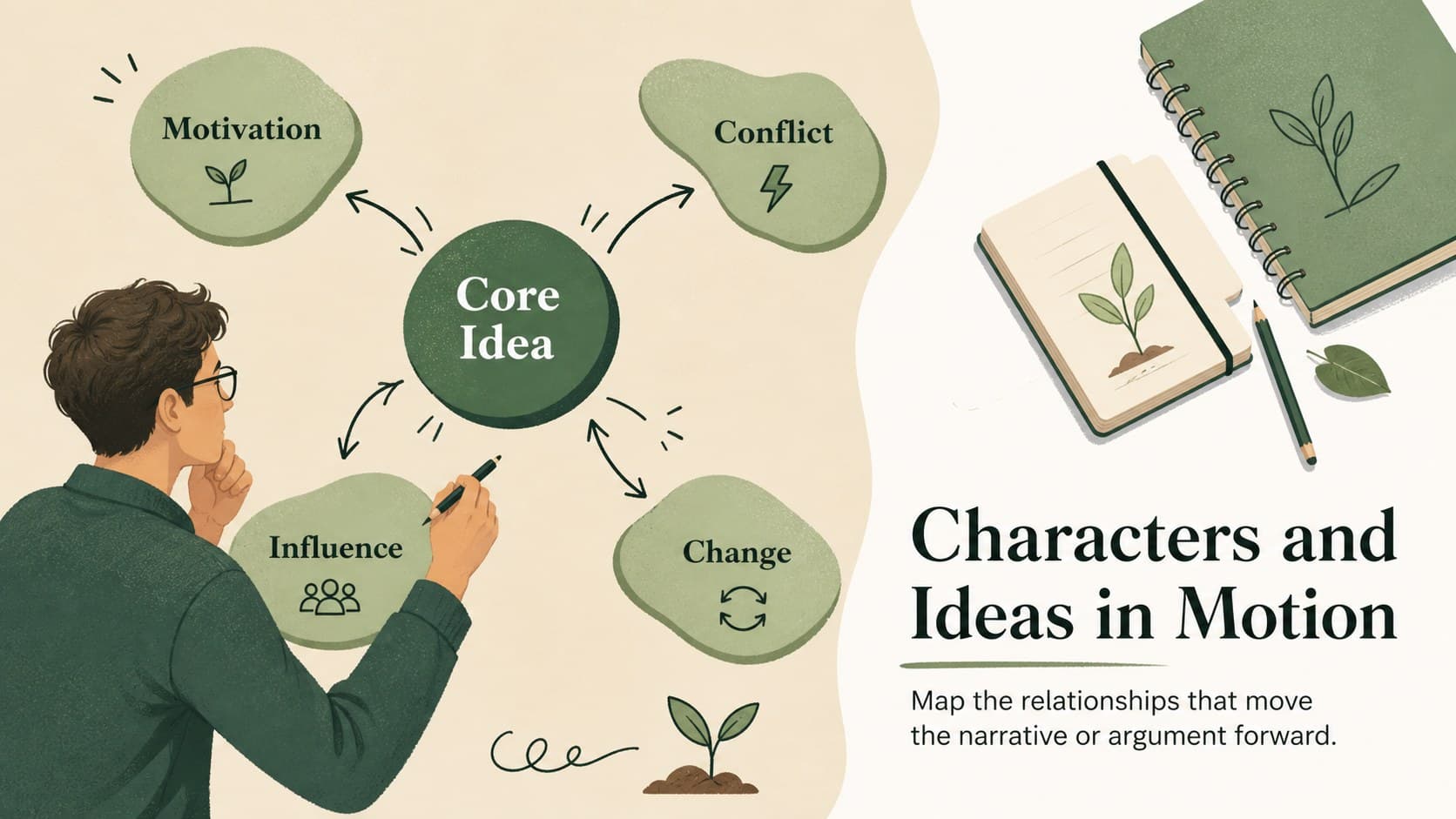 Character and idea map within a literary analysis presentation deck.