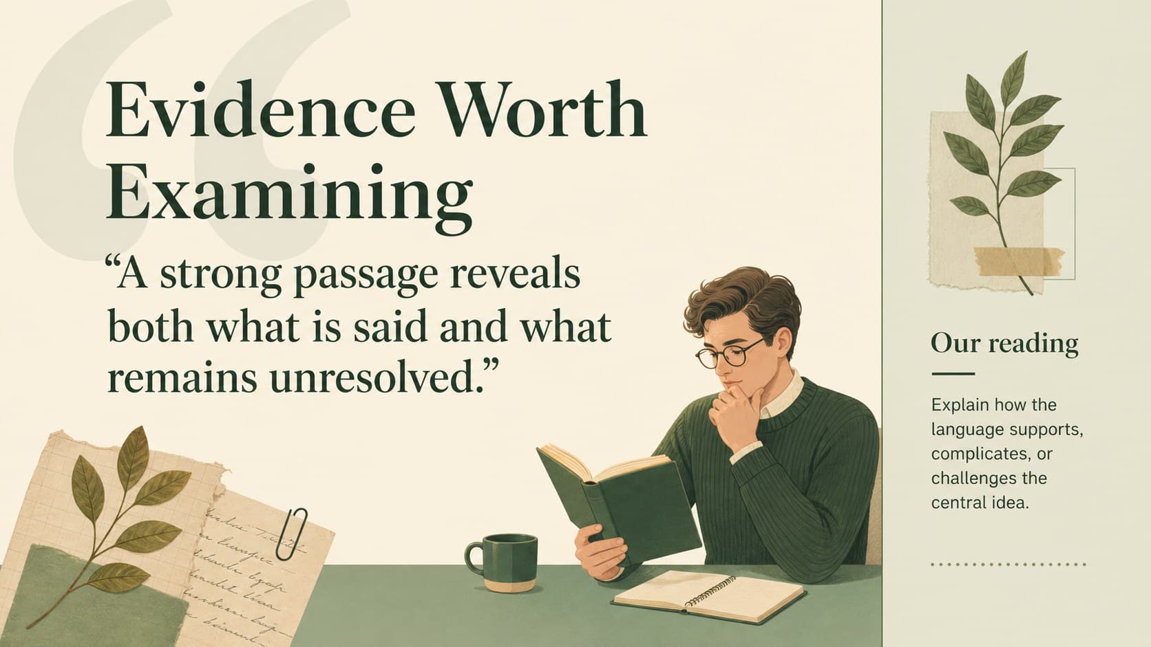 Quotation and evidence page for a green beige literary analysis deck.