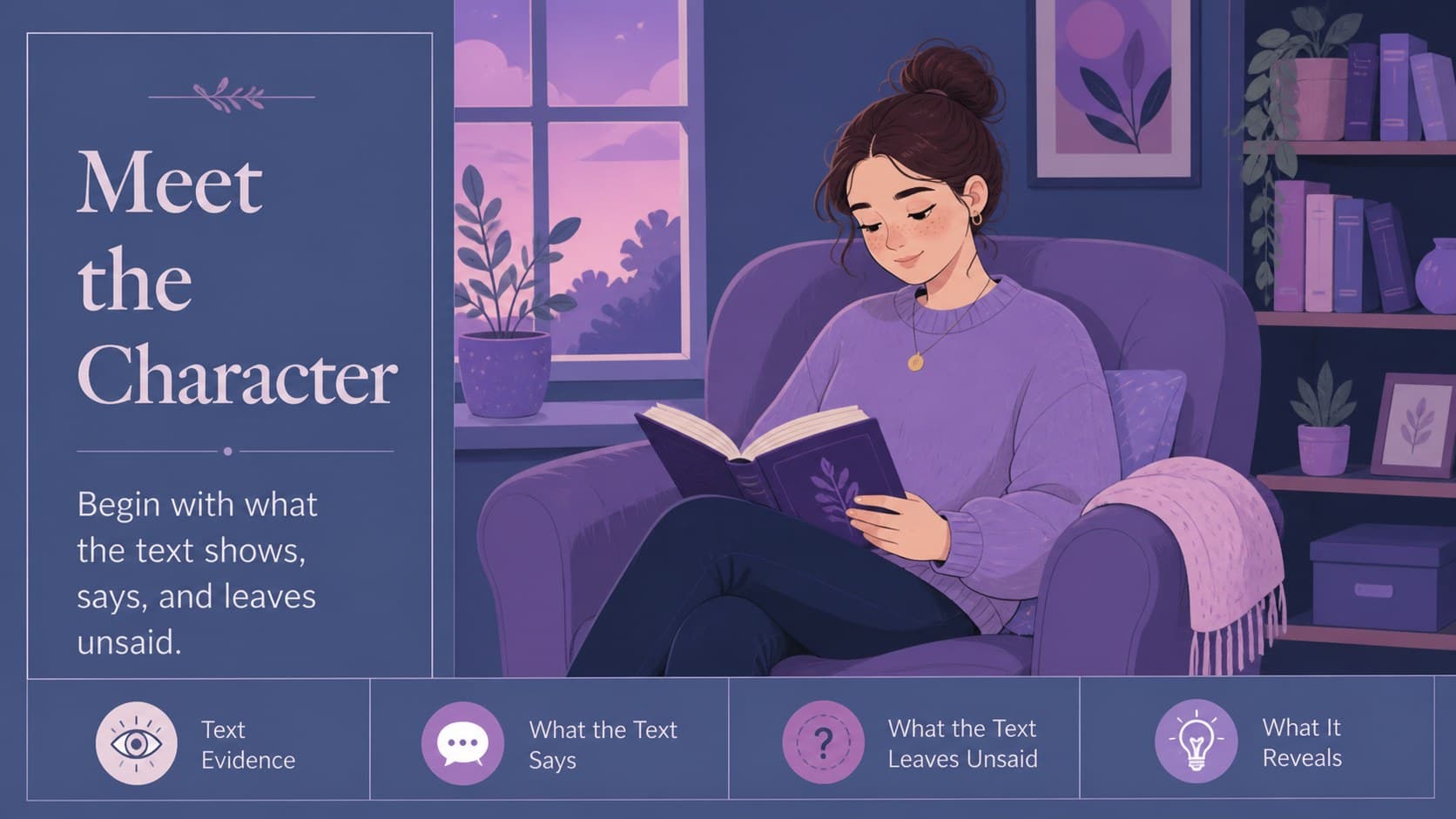 Lesson opening slide introducing a literary character study with a stylized reading scene and discussion prompt.