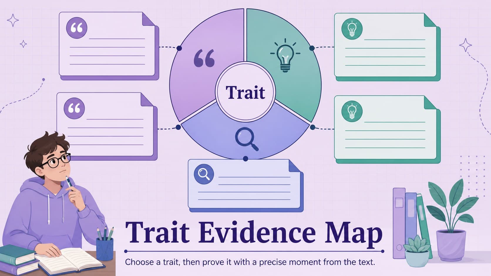 Character traits analysis slide showing editable trait labels and supporting evidence spaces.