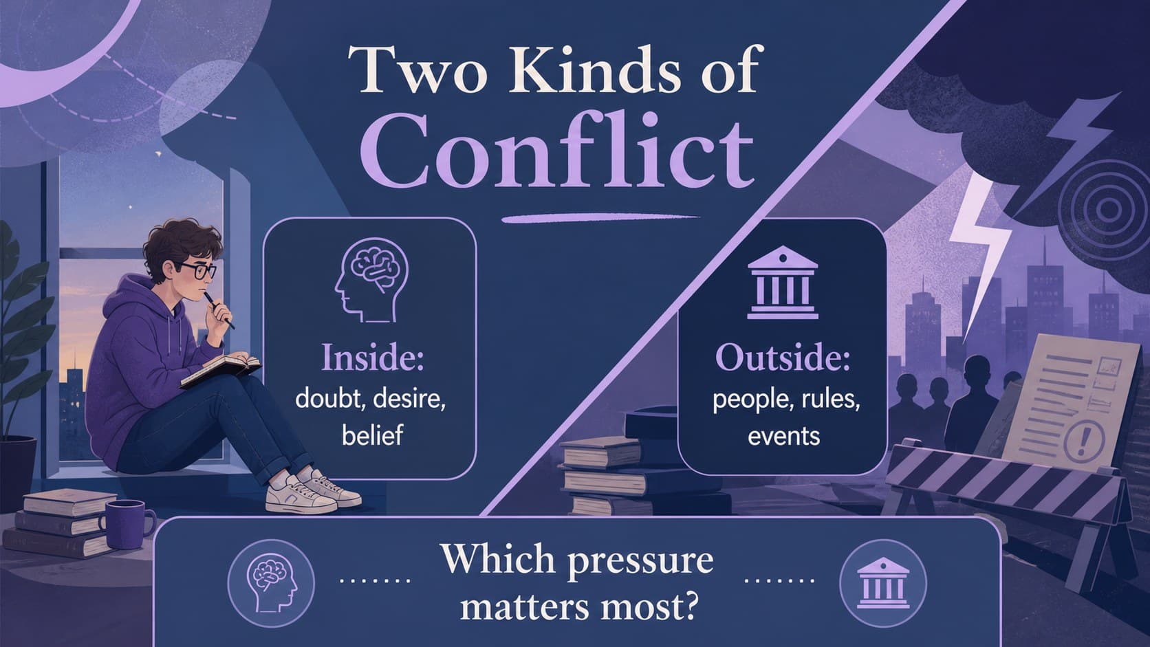 Conflict analysis slide comparing internal and external pressures in a narrative.