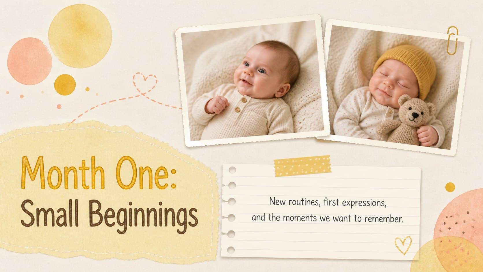 Monthly update layout showing photos and notes for a monthly baby update slideshow.
