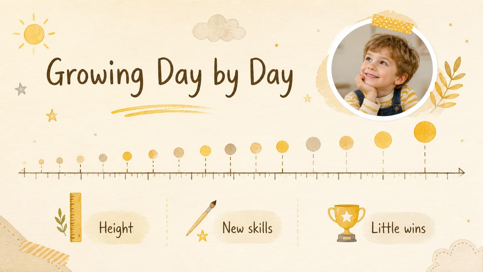 Baby growth tracker presentation slide with a simple editable progress chart and photo space.