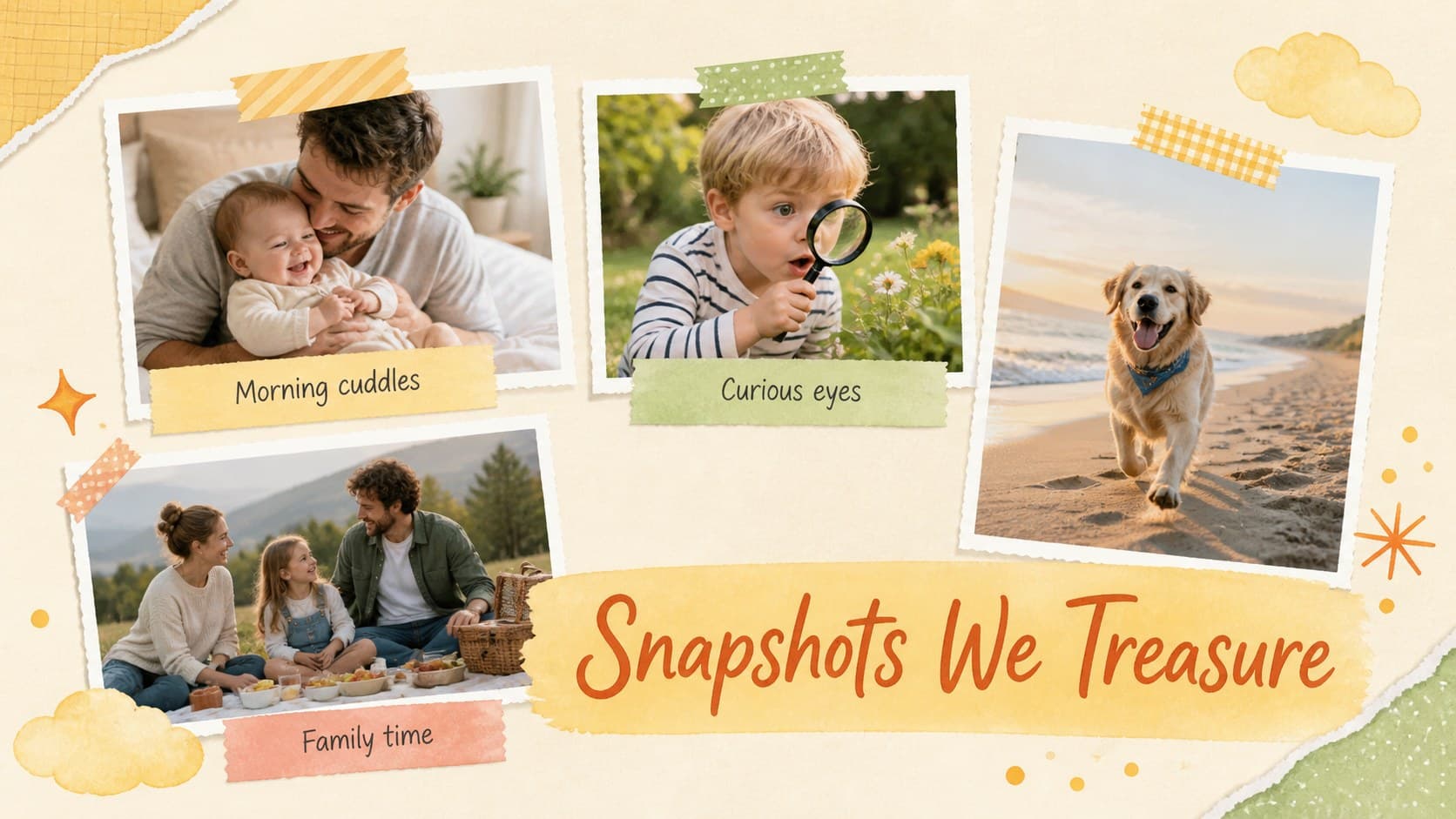Photo collage slide for a first year photo journal template with playful watercolor frames.