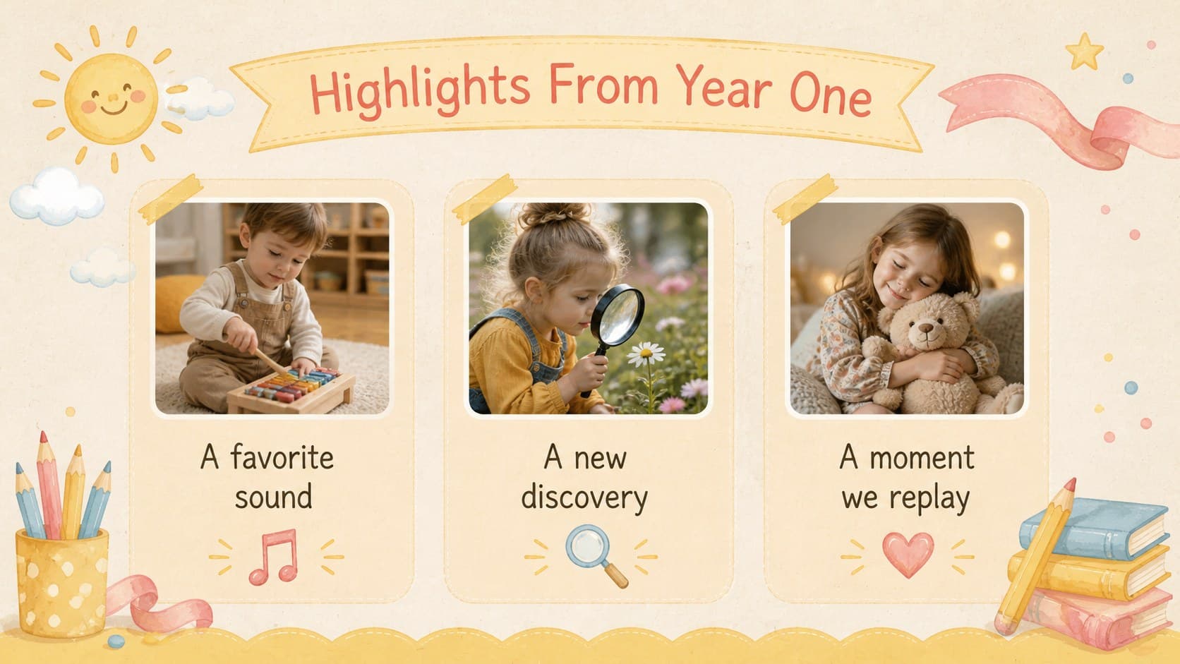 First-year highlights slide summarizing favorite memories in an editable family keepsake deck.