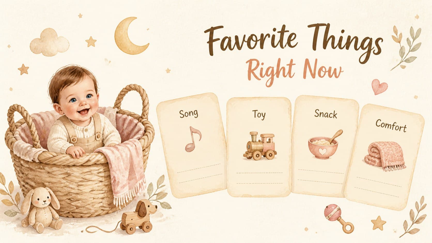 Favorite things page for a baby development scrapbook presentation with illustrated categories.