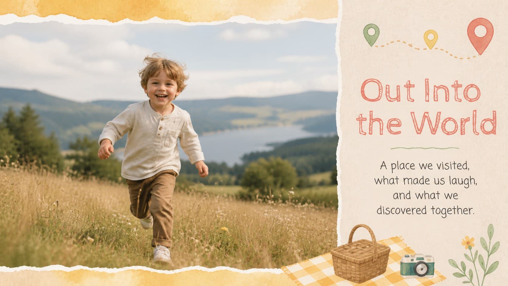 Family outing memory page with a large photo area for an editable baby keepsake slideshow.