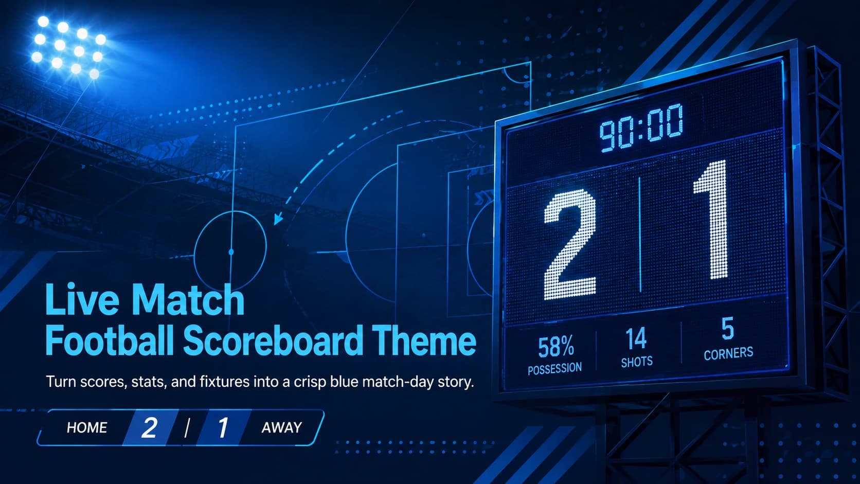 Cover for the Live Match Football Scoreboard Theme with a bold blue score display and stadium-inspired graphics.