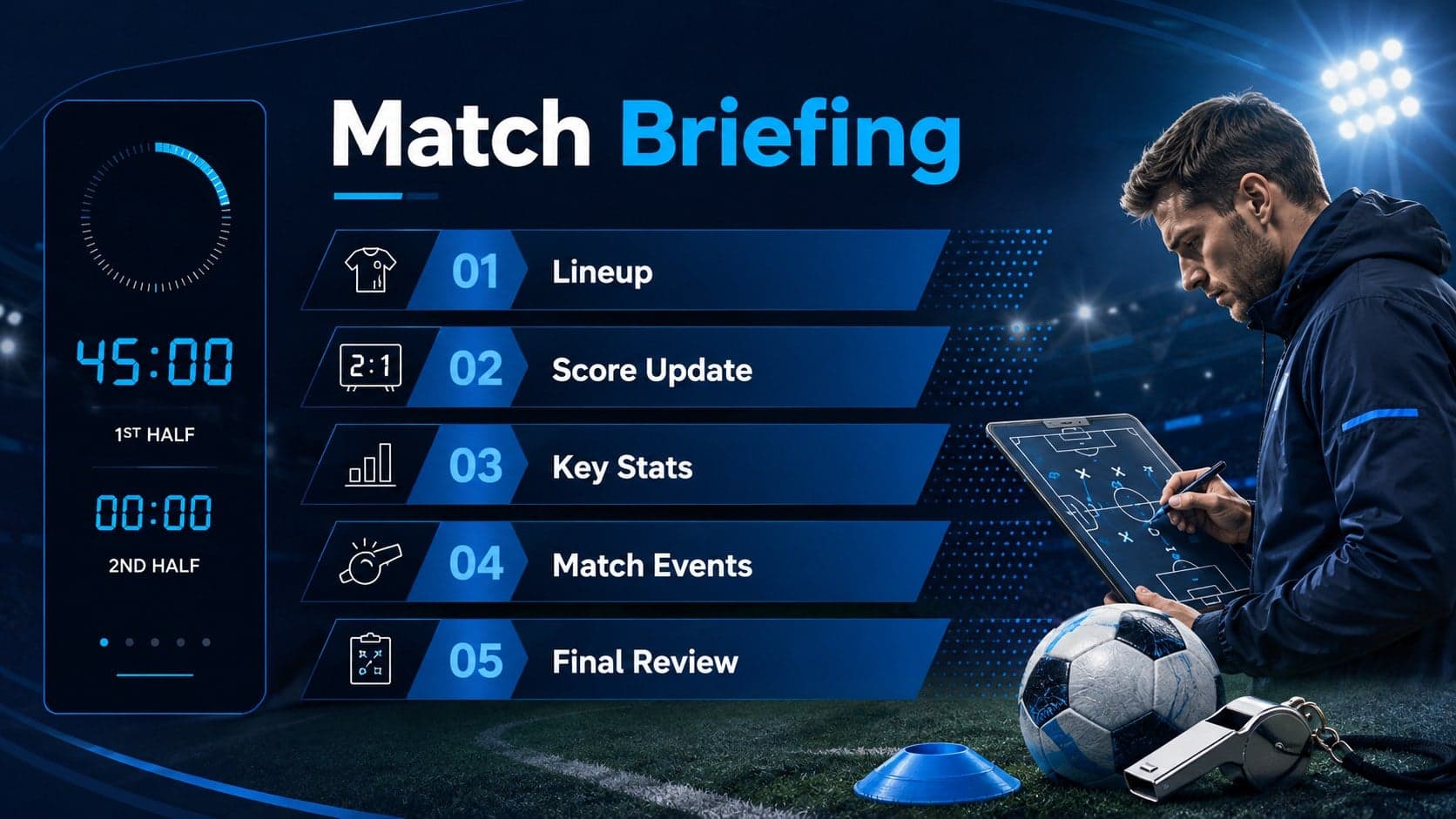 Blue match agenda slide listing the key sections of a football match score presentation.