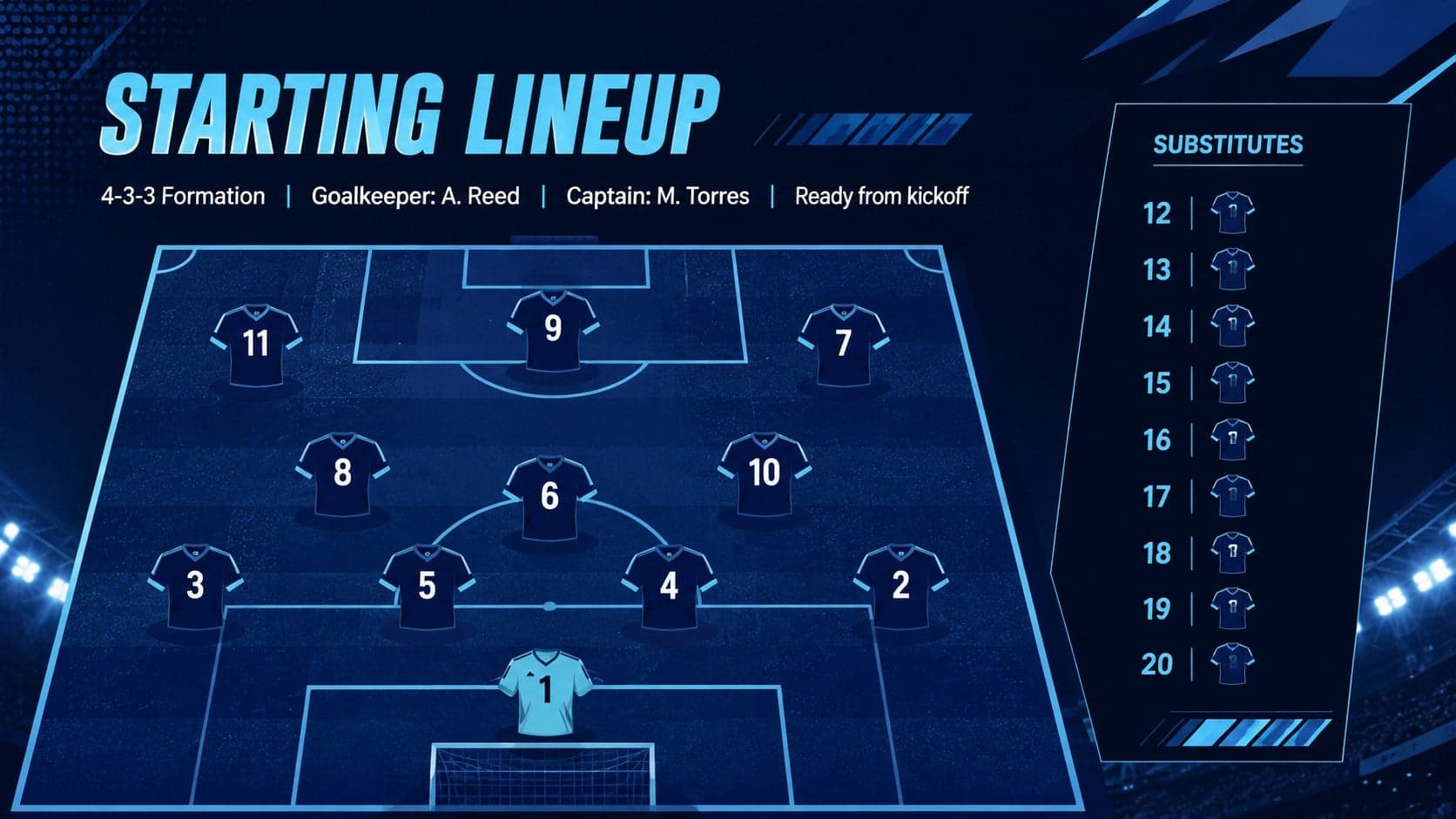 Starting lineup layout in a blue football presentation theme with player positions arranged on a pitch.