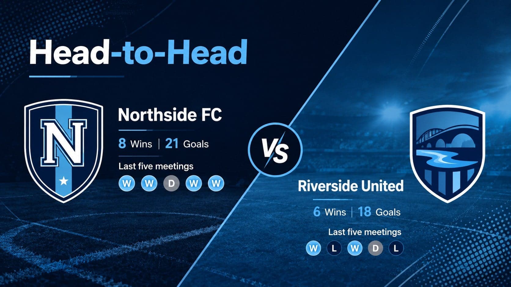 Head-to-head soccer comparison slide with two team panels and recent form indicators.