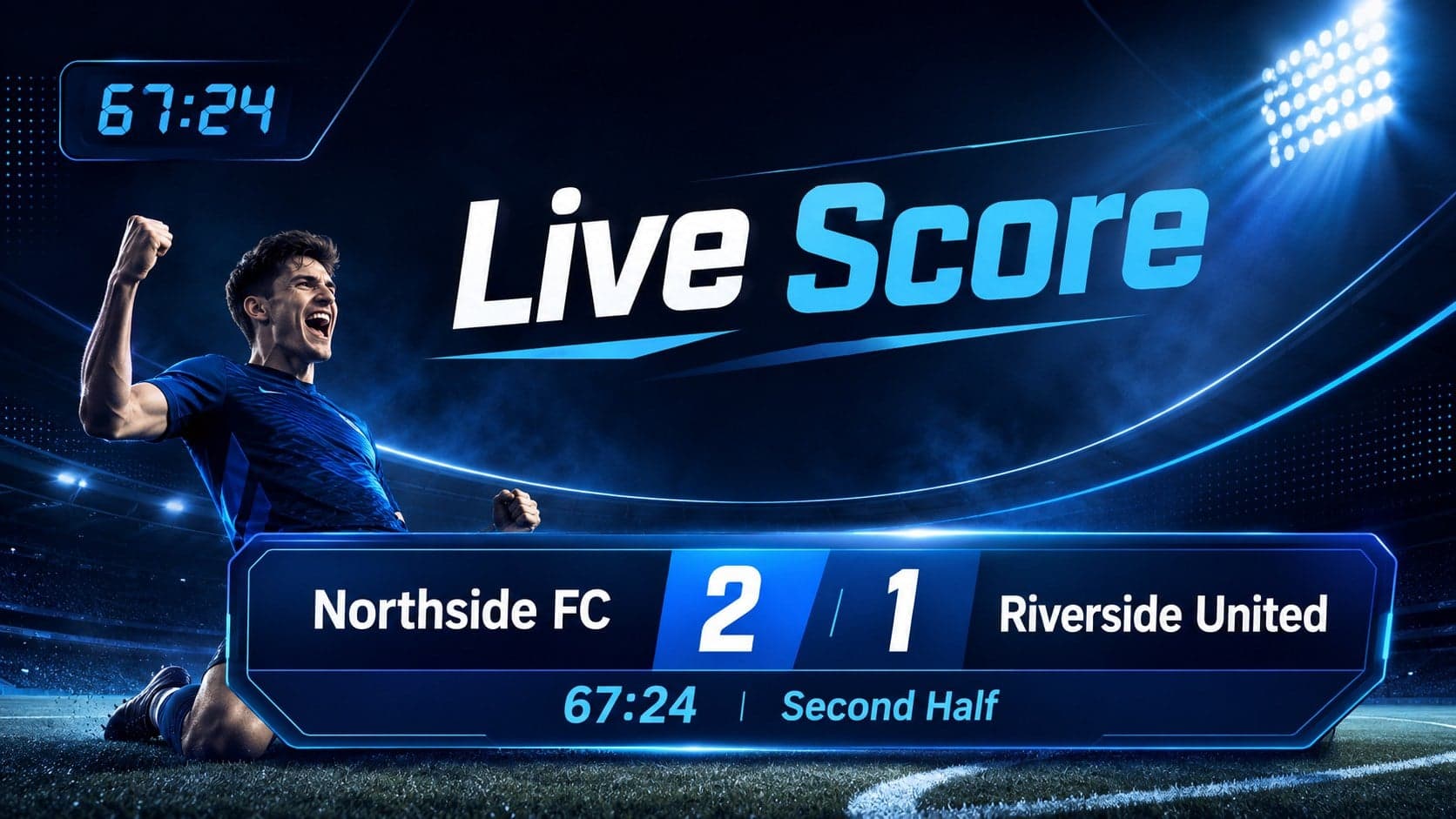 Live soccer scoreboard template showing a 2-1 score, match clock, and current game status.