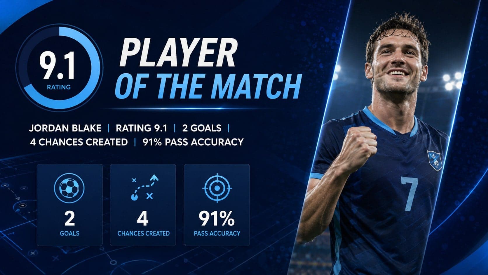 Player performance review slide featuring a new soccer player portrait and key match metrics.