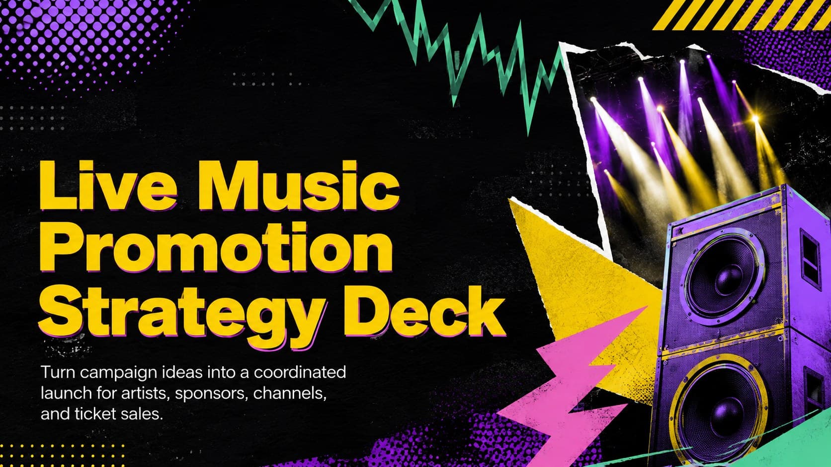 Cover of a live music promotion strategy deck with bold yellow typography and colorful concert graphics on black.