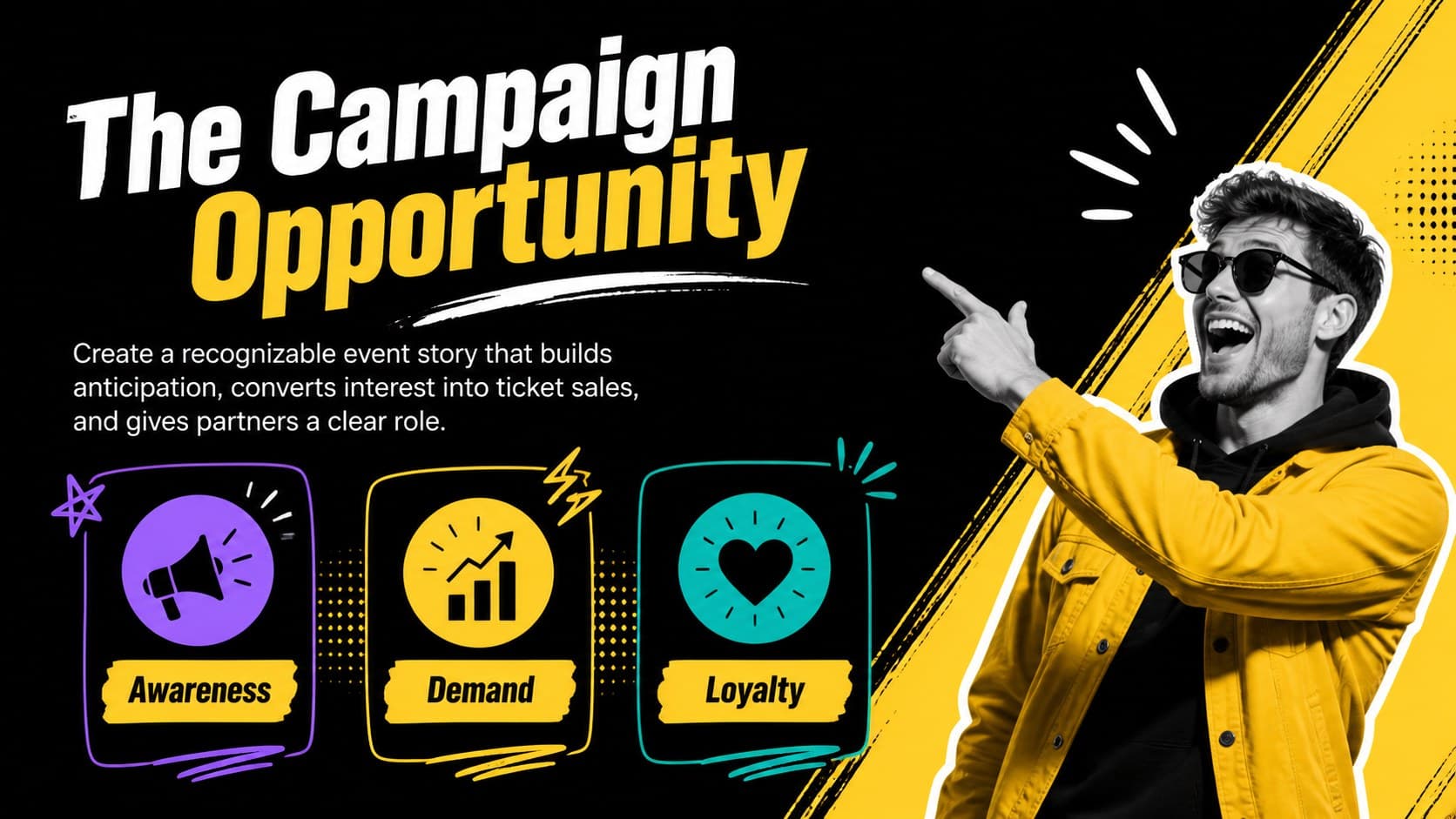 Campaign overview slide presenting goals for a music event campaign.