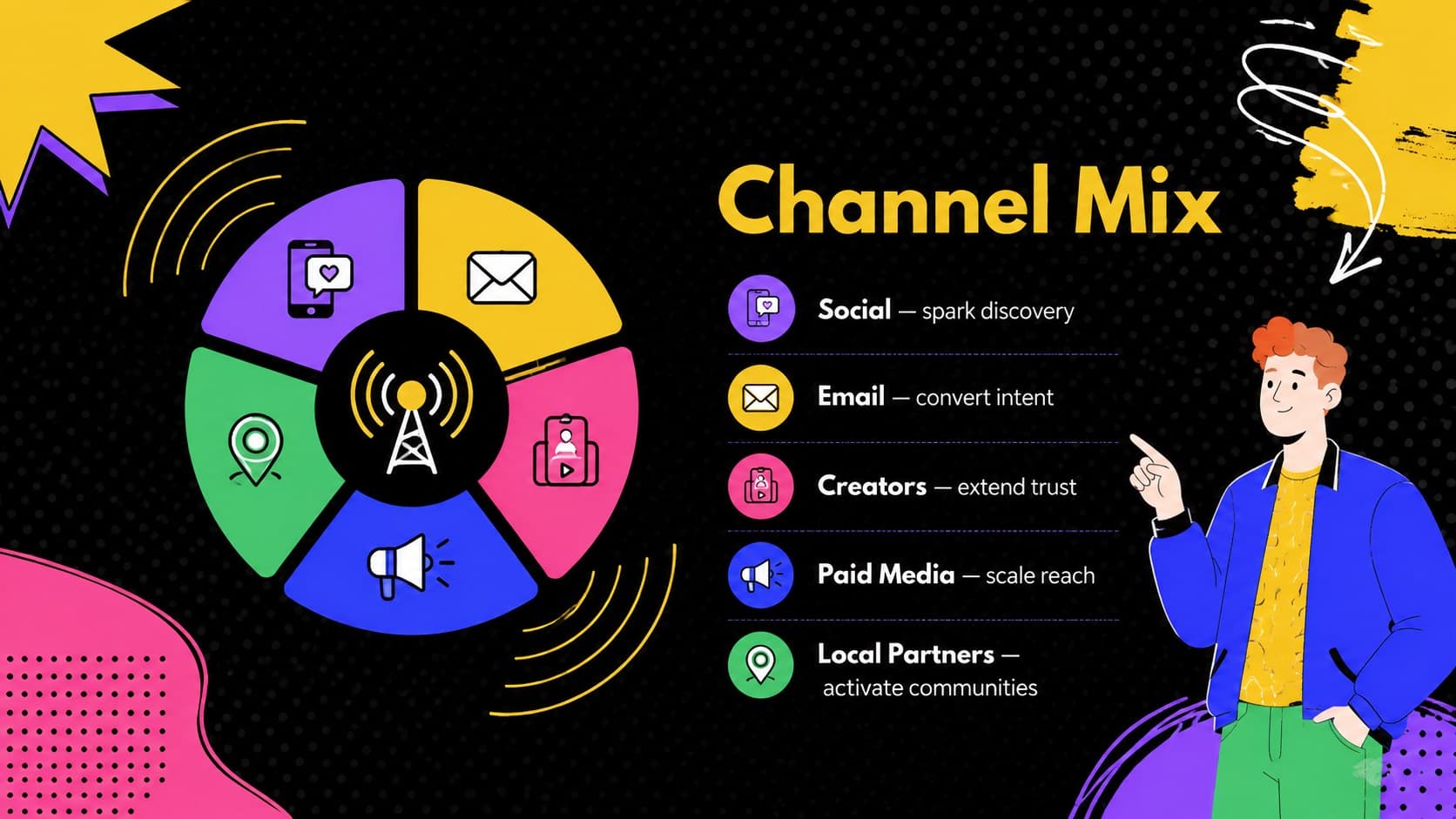 Promotional channel mix for a live entertainment media strategy.