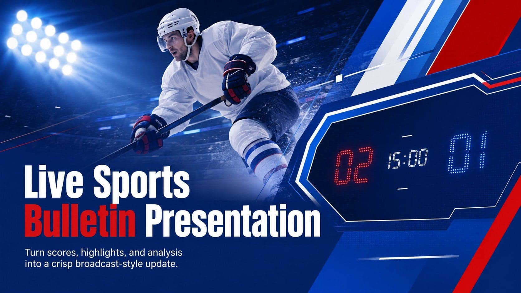 Cover of a Live Sports Bulletin Presentation with bold blue, white, and red broadcast graphics.